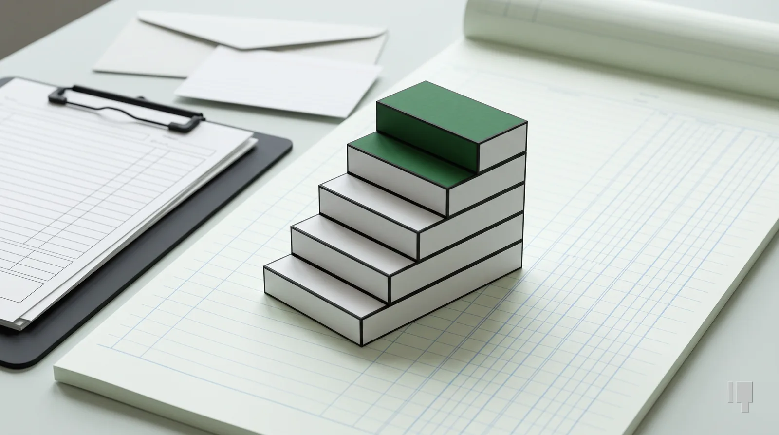 A staircase of five card blocks with a green top step