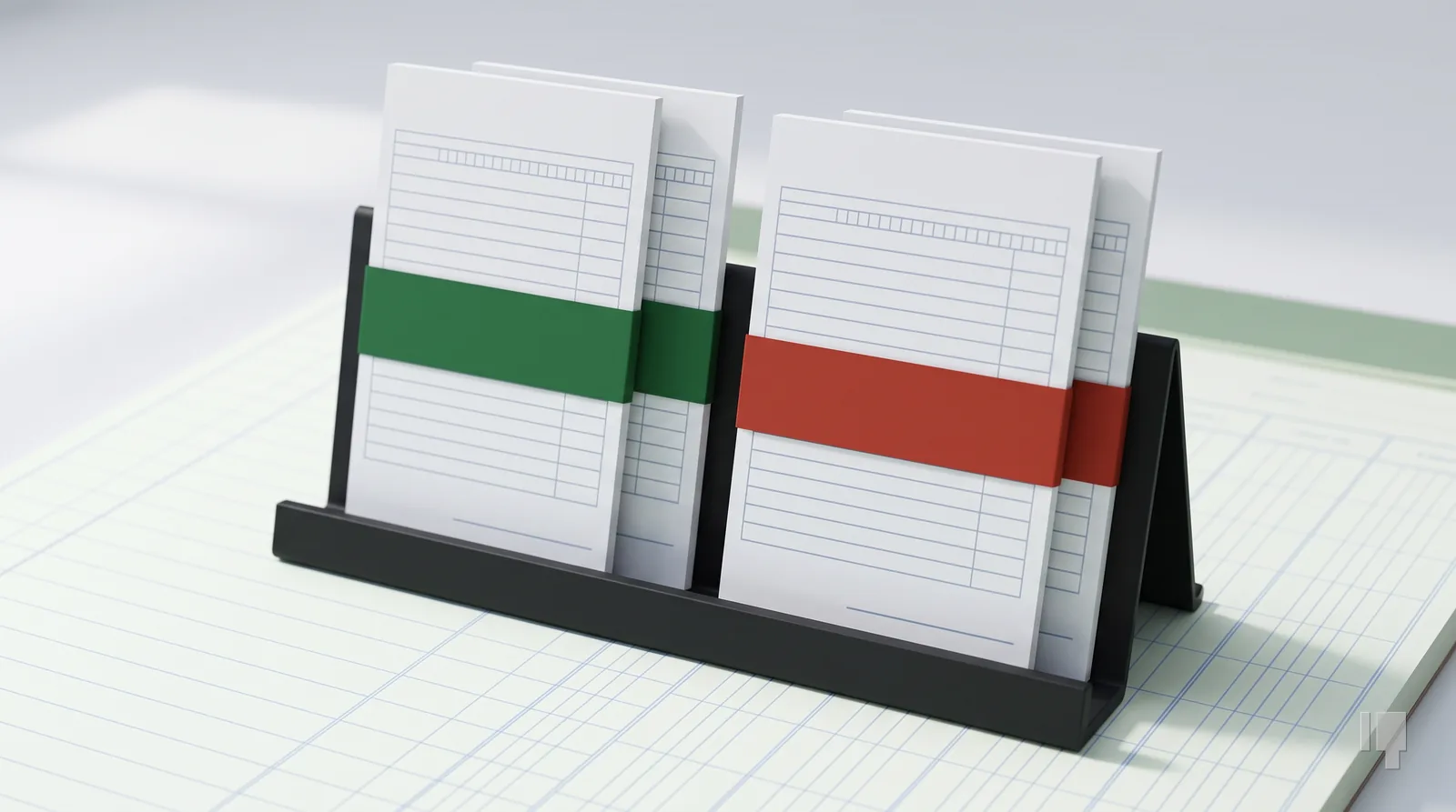 Four blank waiver forms in a rack, two banded green and two banded red
