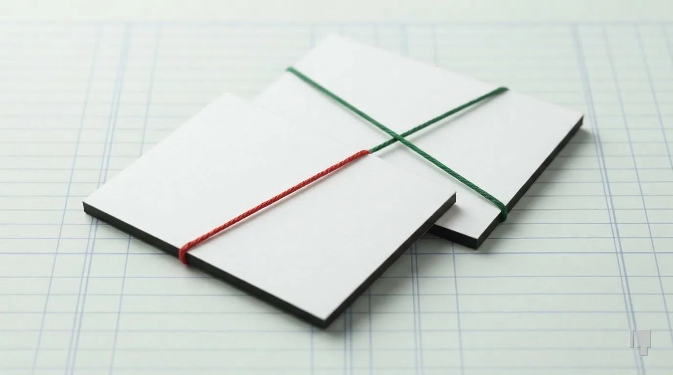 Two overlapping card panels, one crossed by red string and one by green