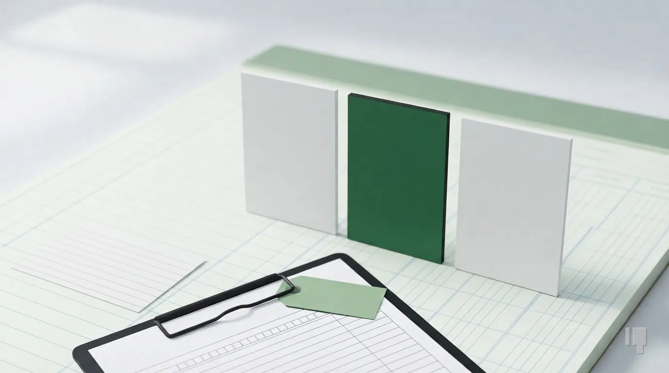 Three upright card panels, the middle one green