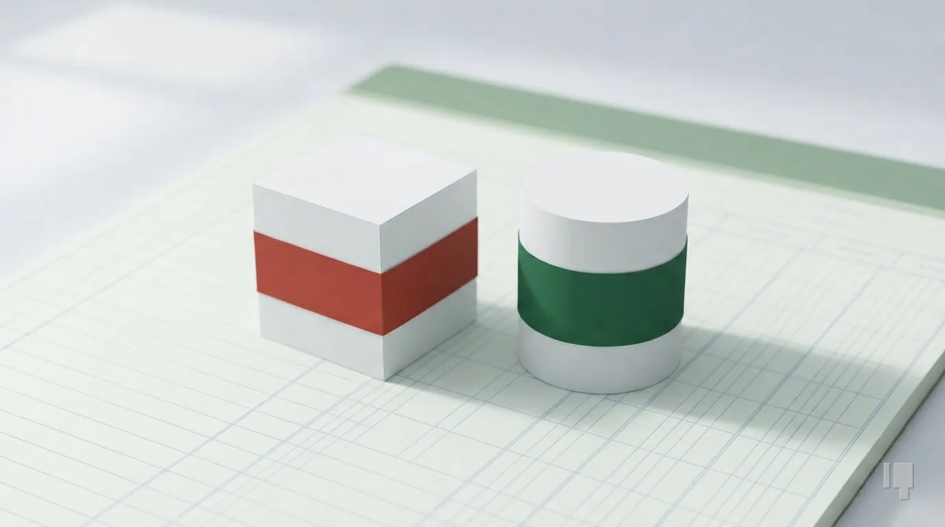 A card cube banded red beside a card cylinder banded green