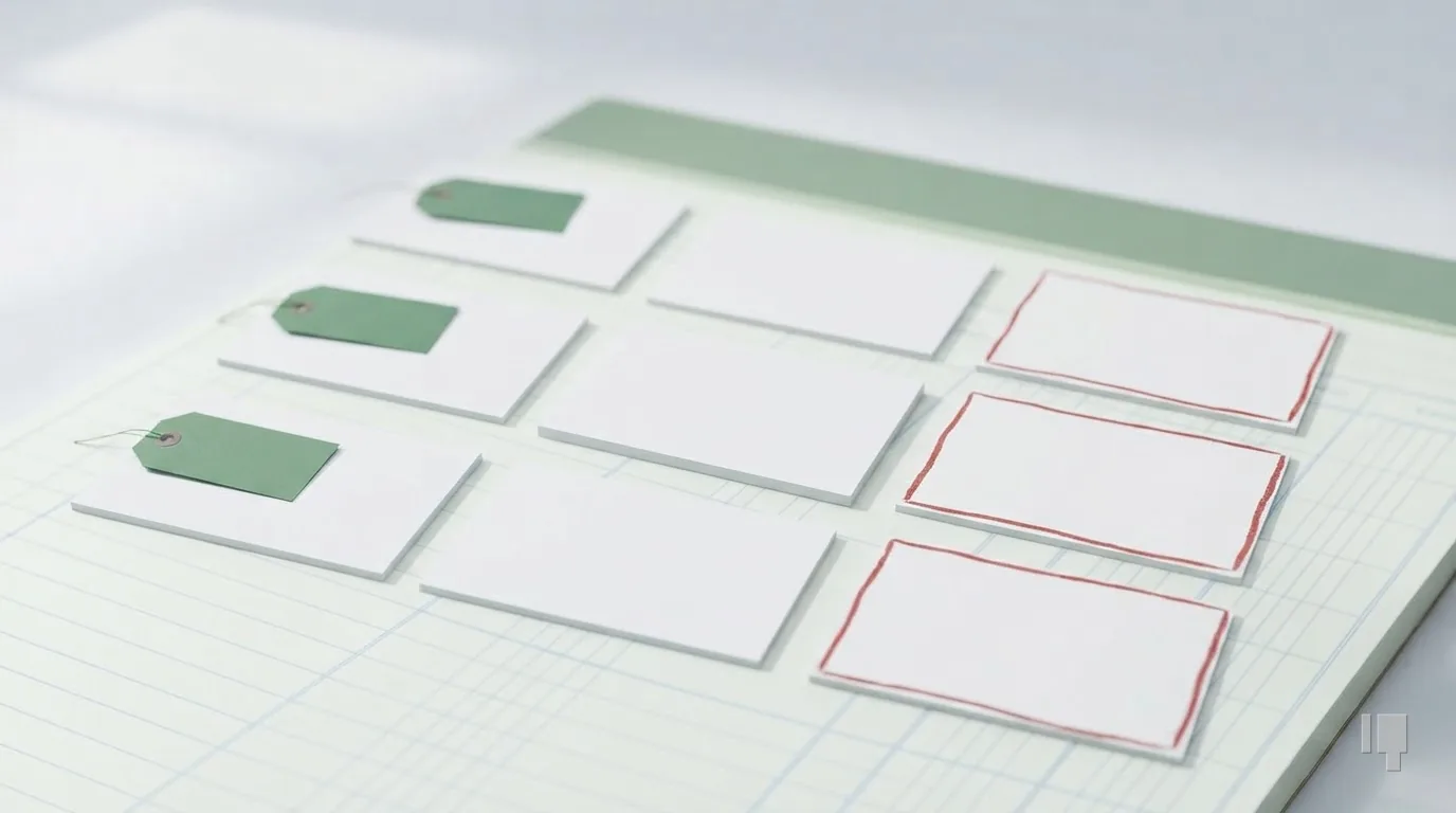 A three-by-three grid of index cards, one column tagged green and one outlined red