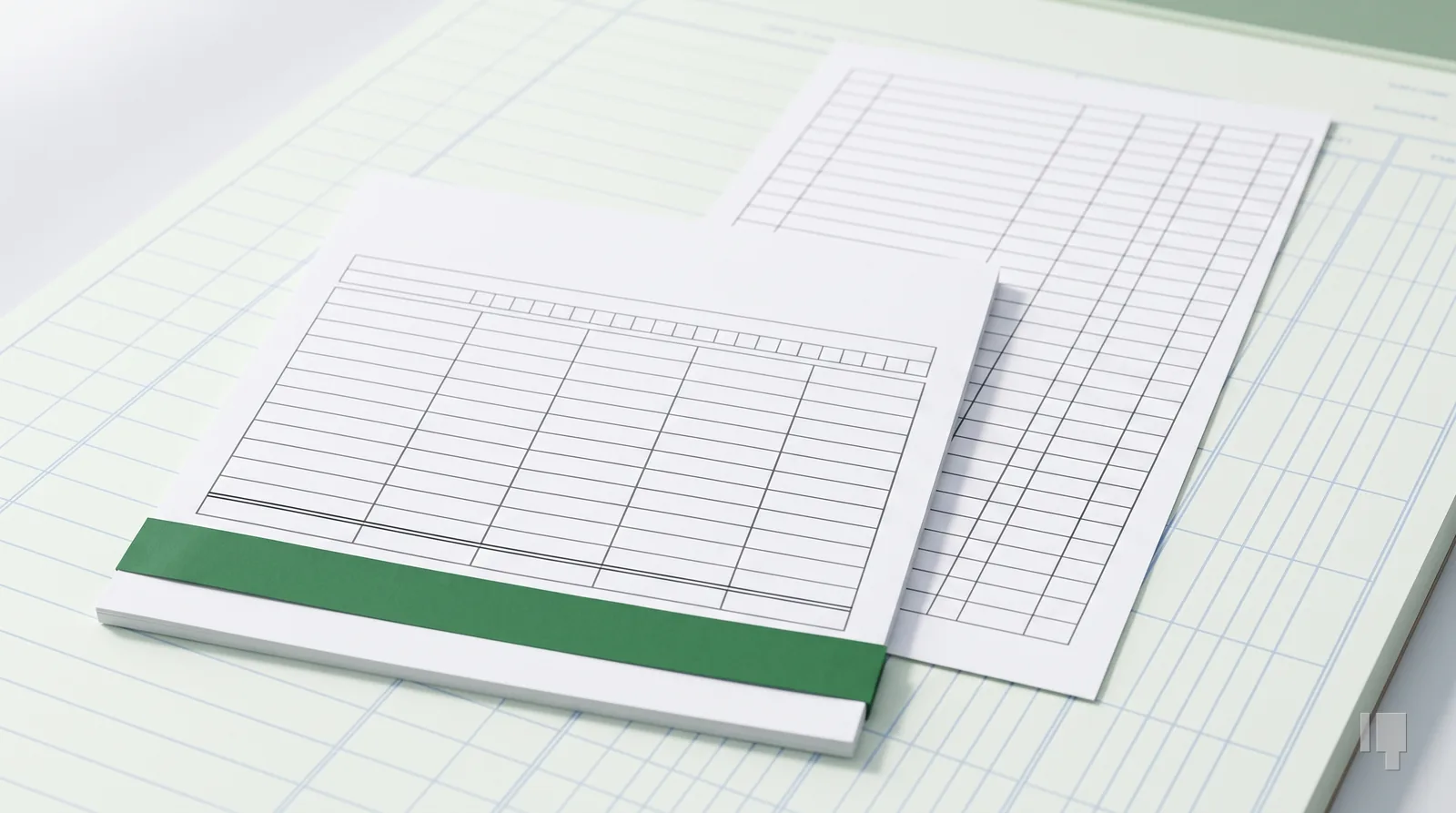 A blank pay application overlapping a continuation sheet, a green band on the total line