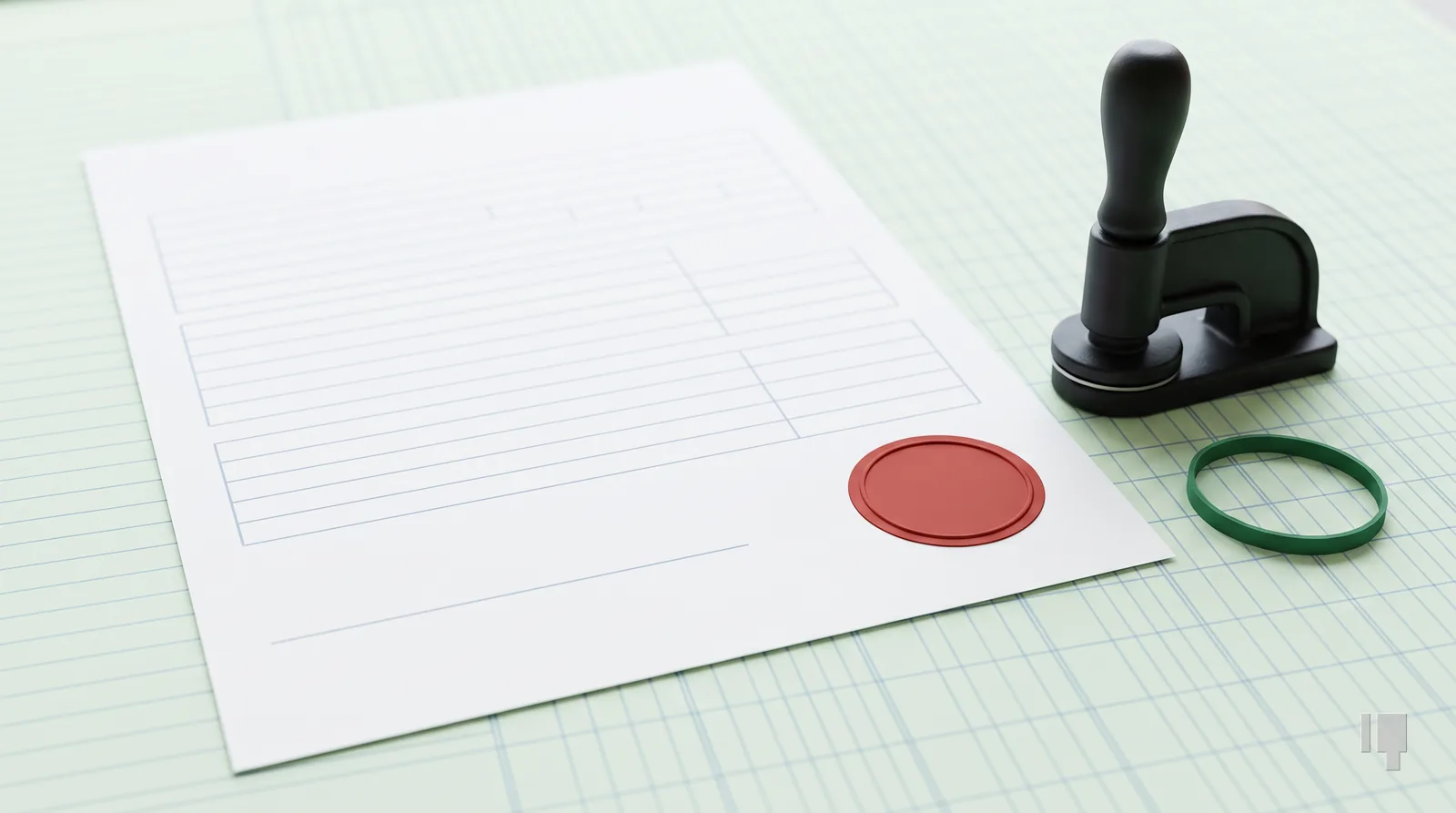 A blank waiver form with a round red seal in its corner beside a seal press