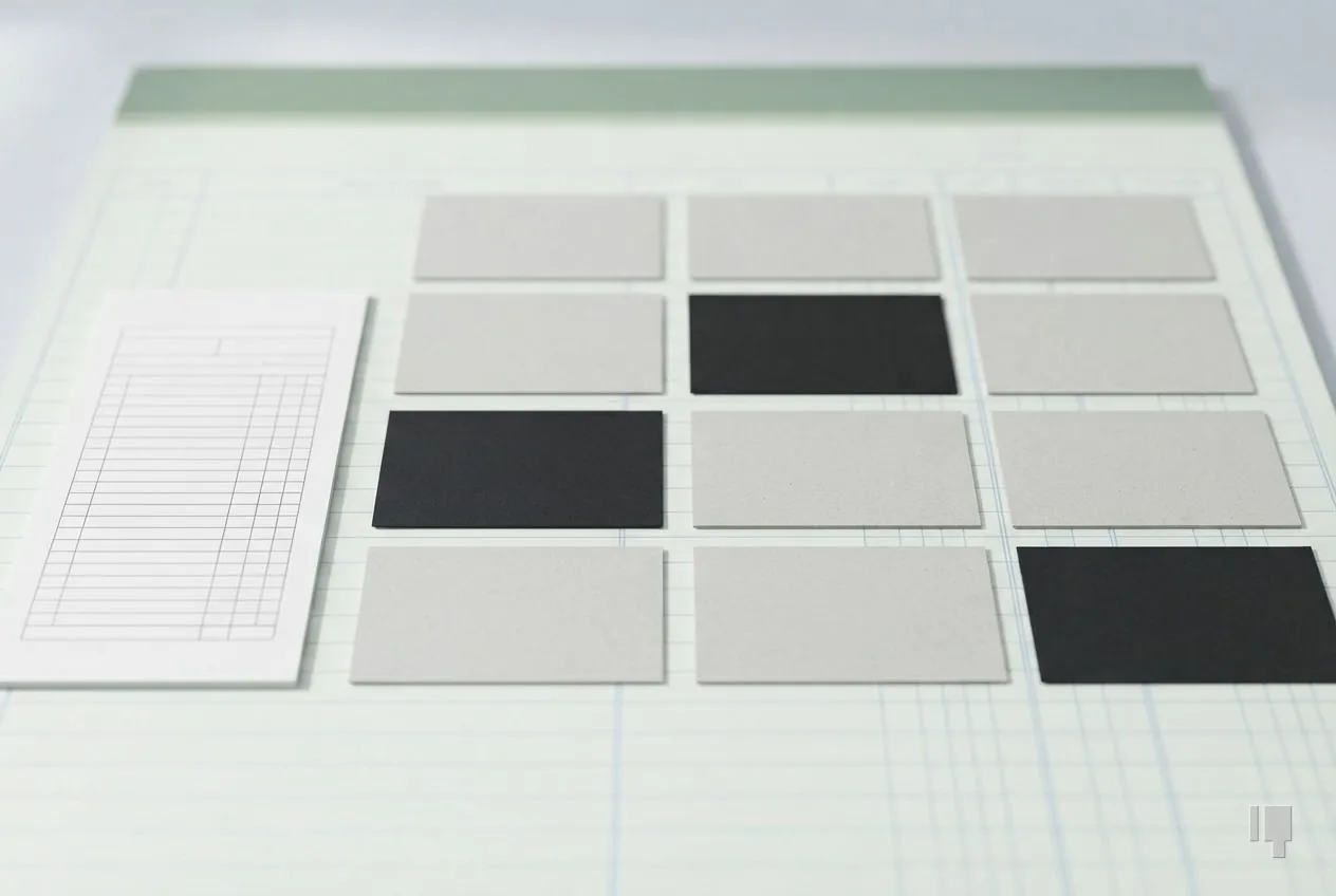 A grid of index cards with three black, beside a blank waiver form