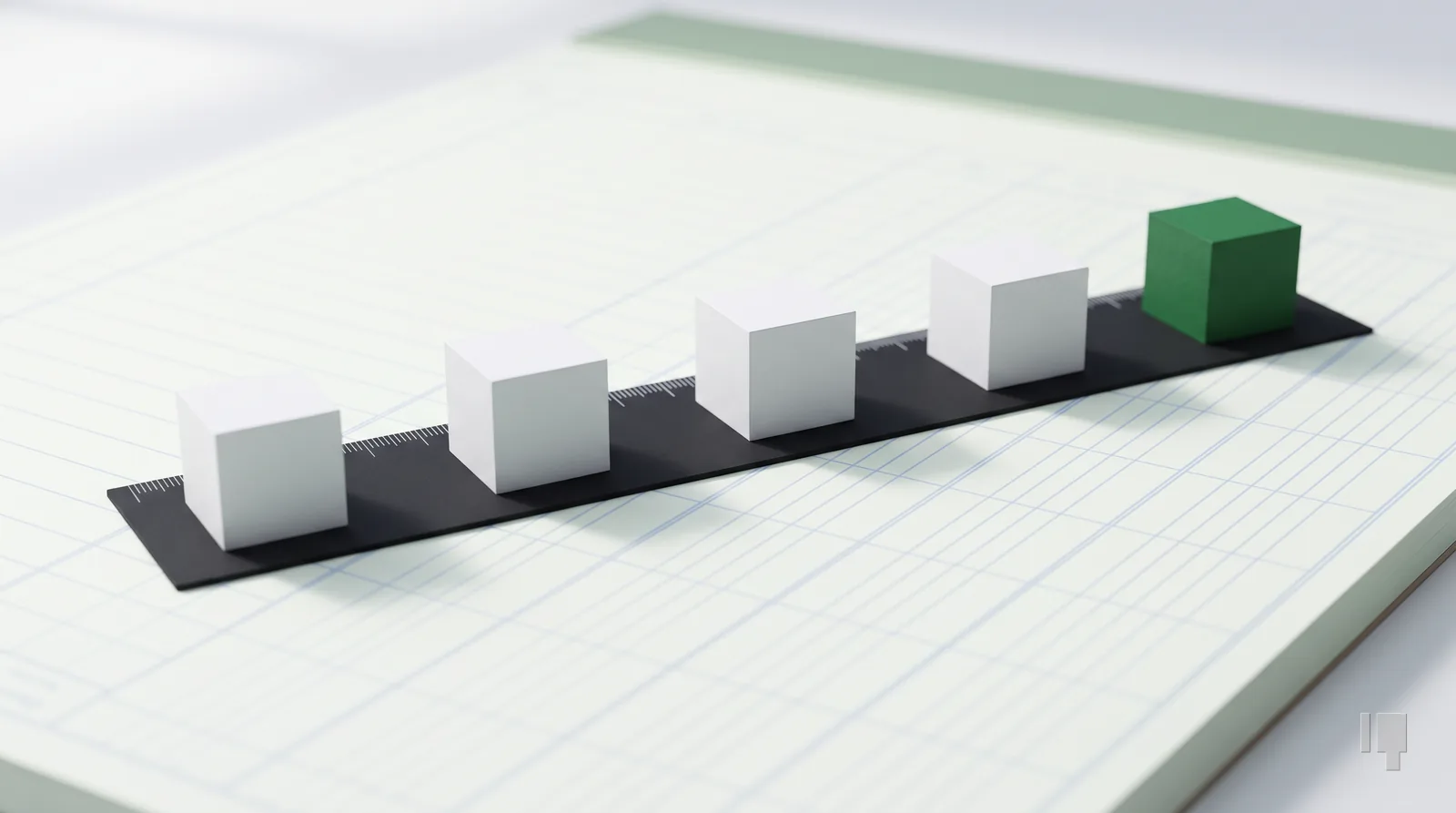 Four card cubes along a ruler ending in a green cube