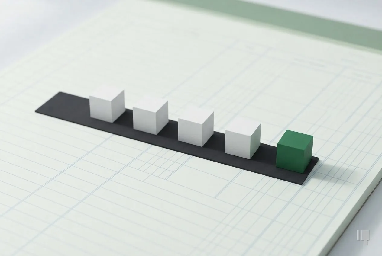 Four cubes along a ruler ending in a green cube