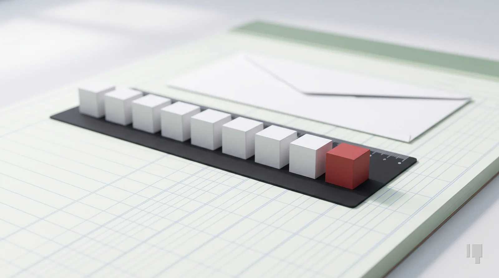 Eight card cubes along a ruler, the last one red, with an envelope beyond