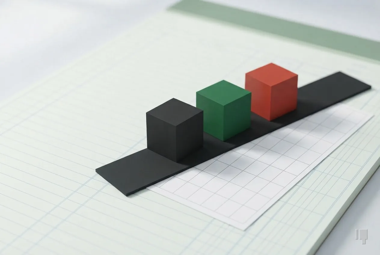 Black, green and red cubes on a ruler over a blank calendar