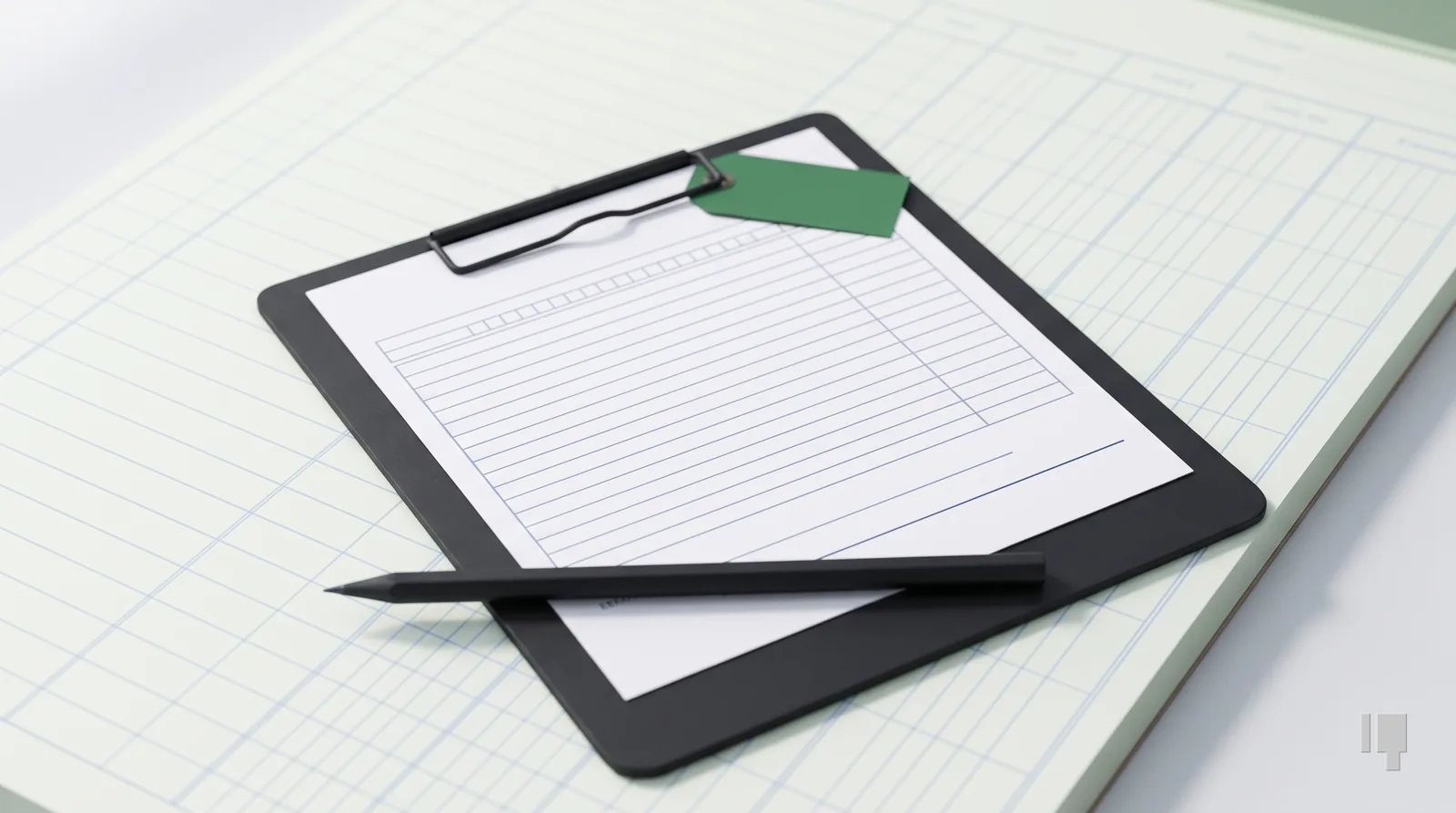 A blank ruled waiver form on a clipboard with a pencil and a green tag