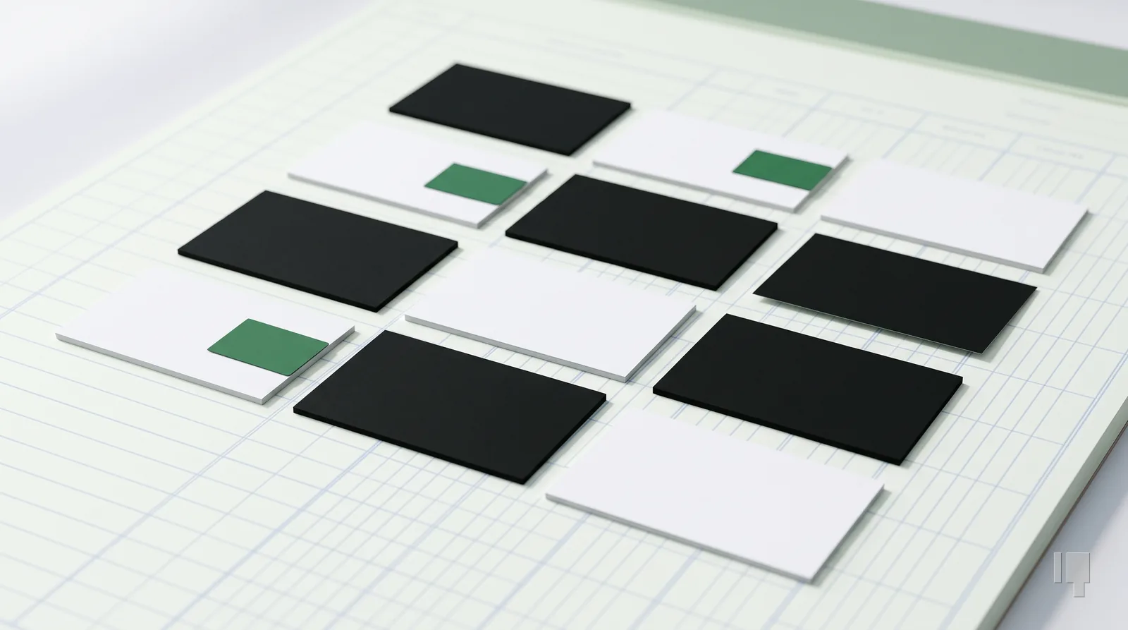 A grid of twelve index cards, some black, some tagged green, some plain