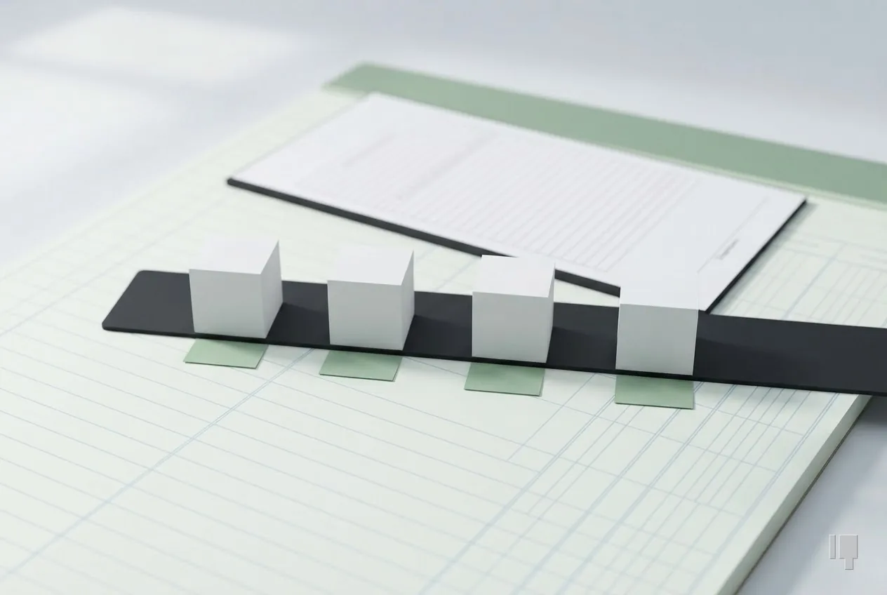 Four cubes on a ruler, each answered by a green square, a blank form behind