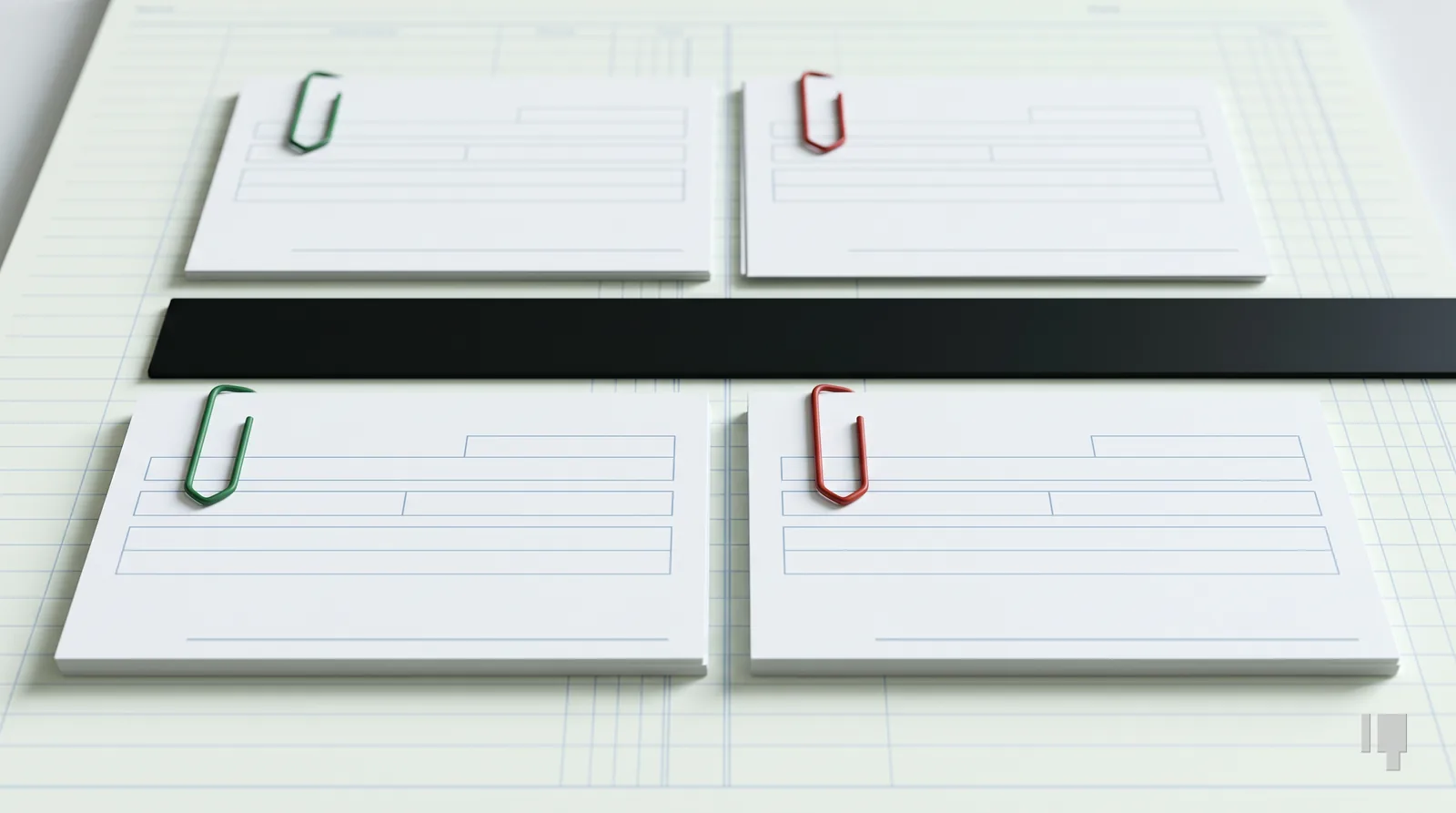Four blank waiver forms in a two-by-two grid, two with green clips and two with red clips