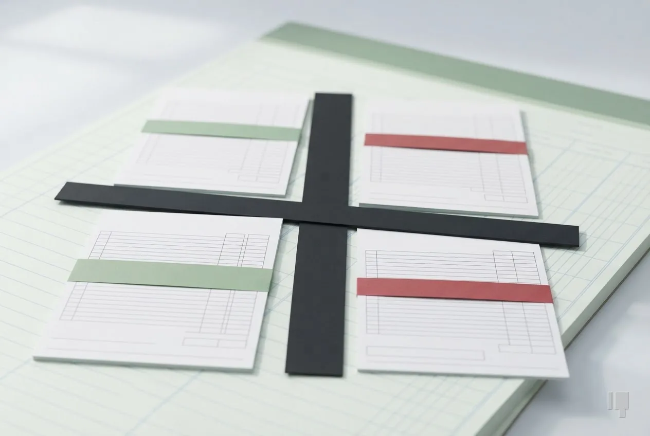 Four blank waiver forms on two axes, the left pair banded green and the right pair red