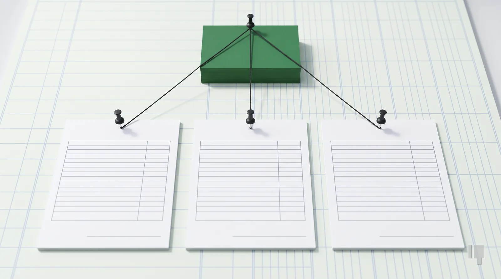 A green block linked by threads to three blank waiver forms below it