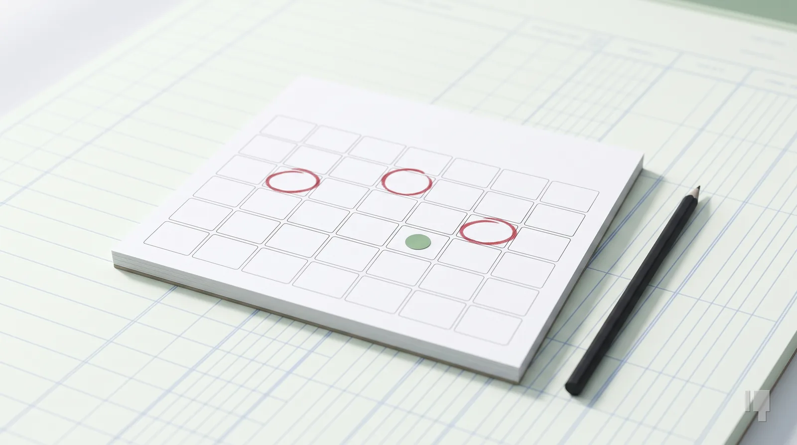 A blank desk calendar with three cells circled in red and one green dot