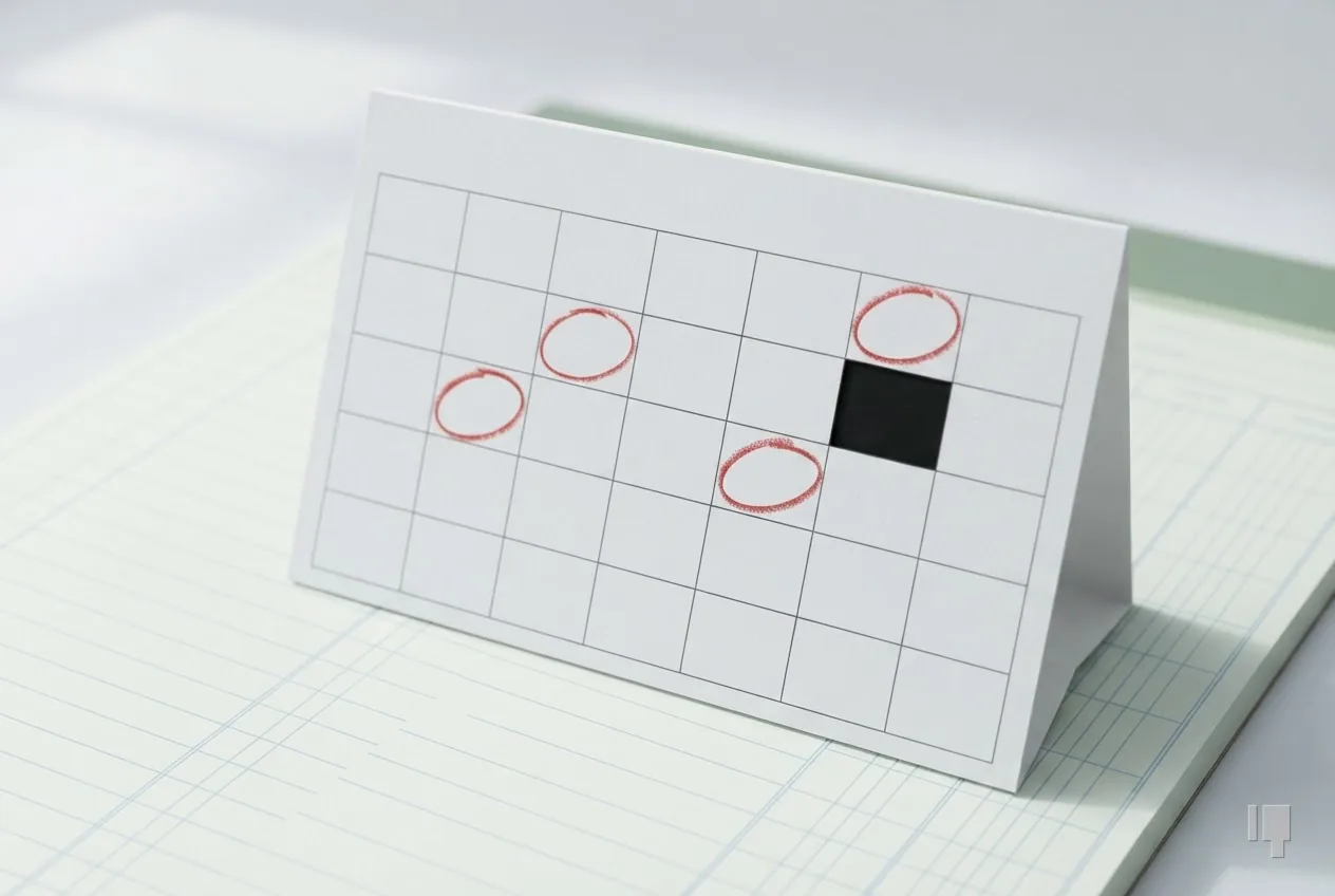 A blank calendar with four red-circled cells and one black square