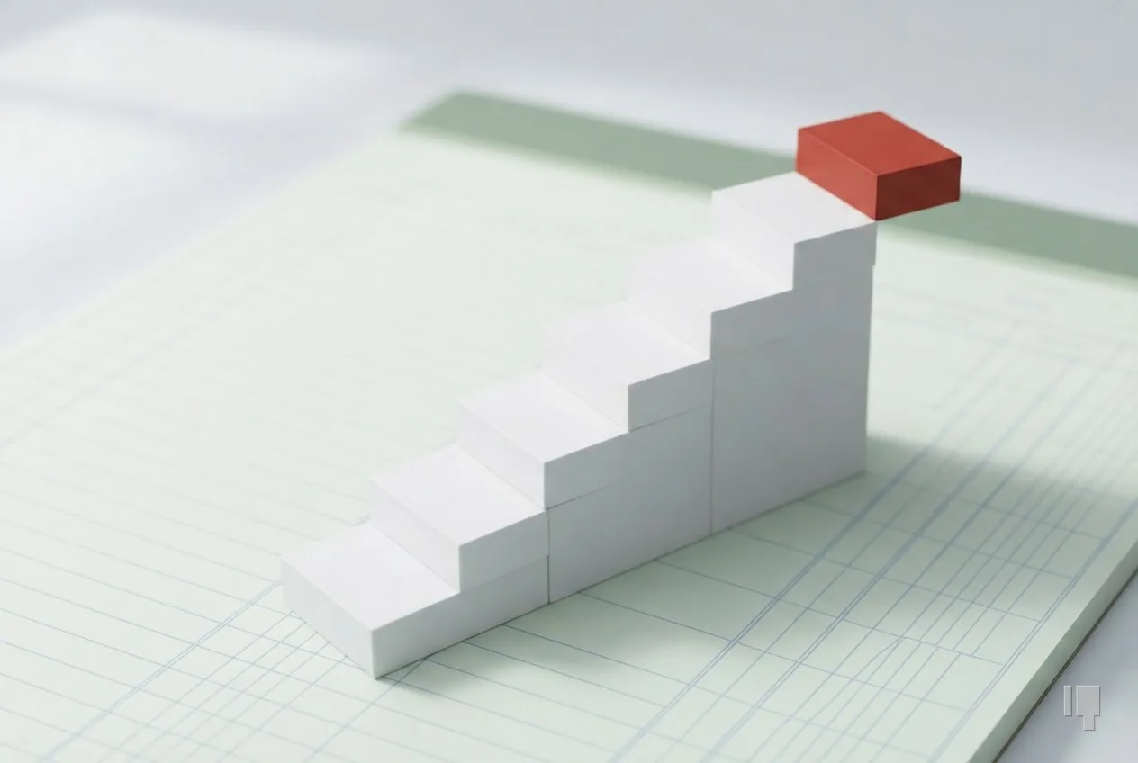 Rising card steps with a red top step