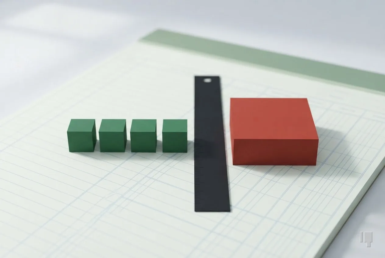 Five small green cubes against one large red block