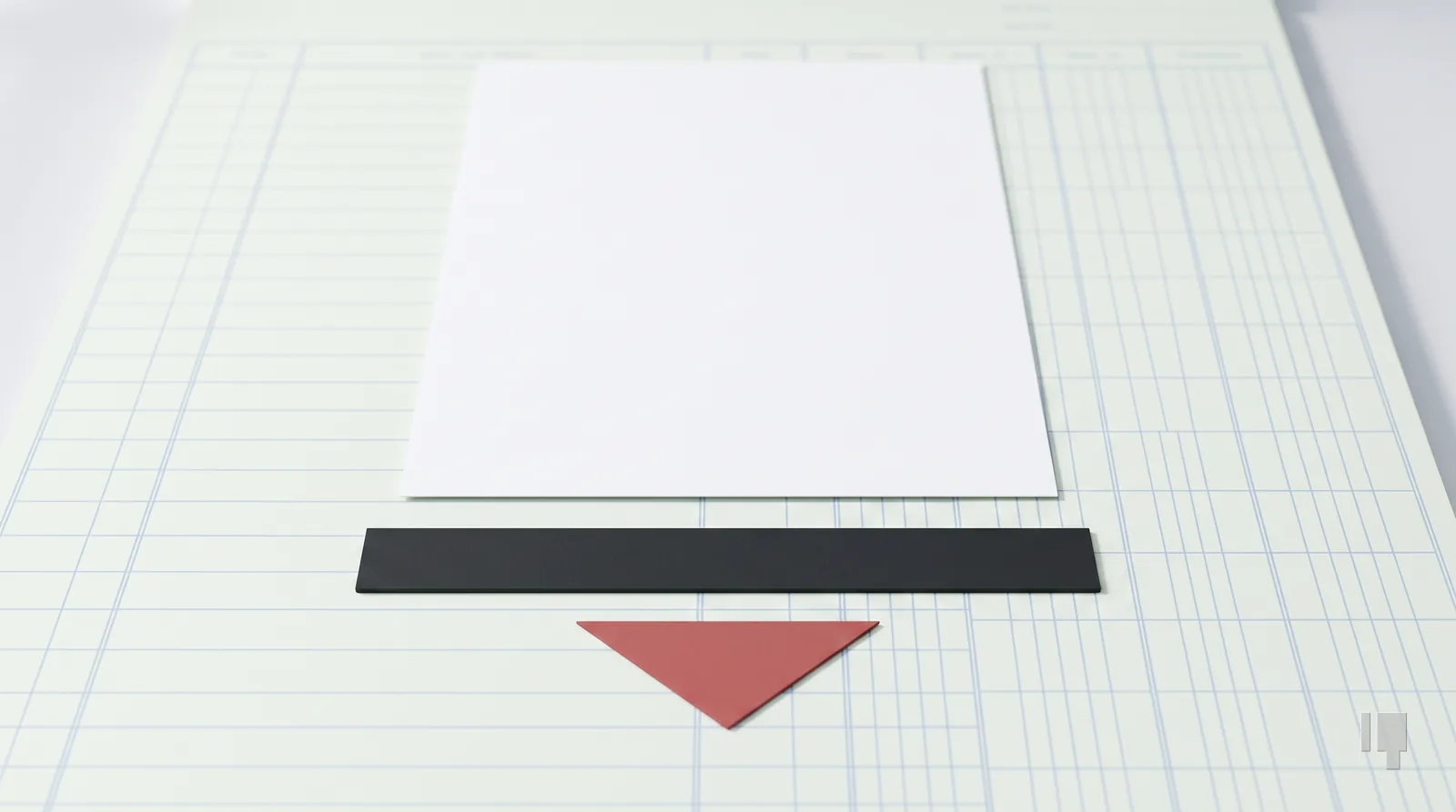 A blank letter above a red triangle pointing down, a ruler between them