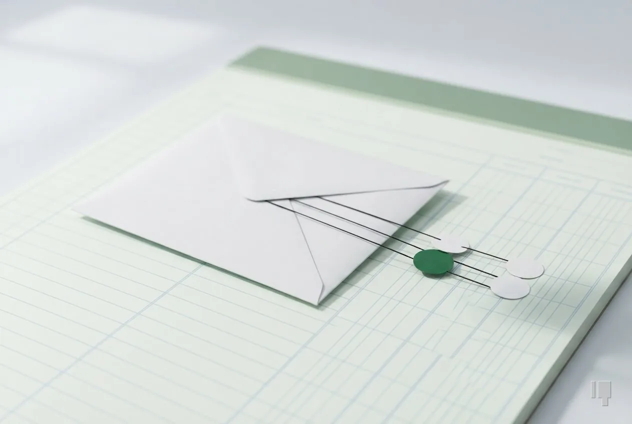 An envelope linked by threads to three seals, the middle one green