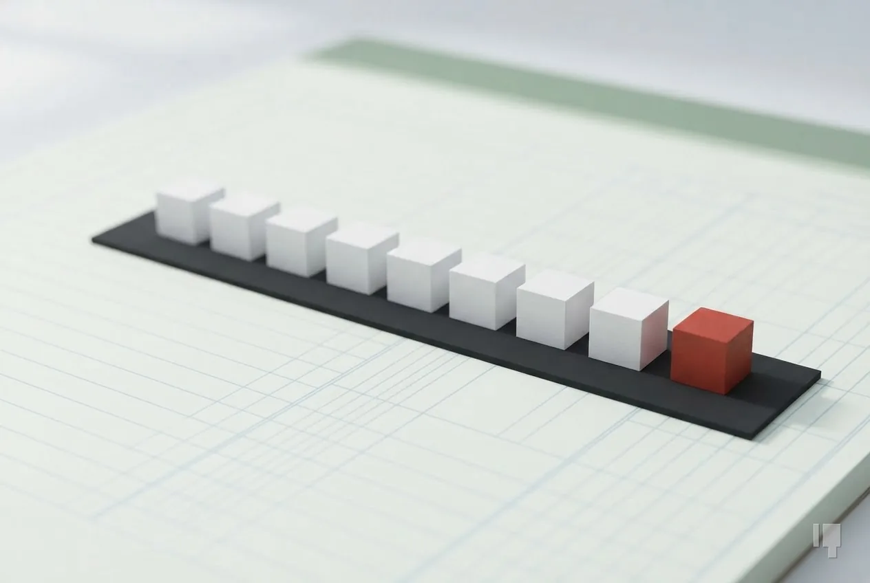 Ten cubes along a ruler ending in a red cube