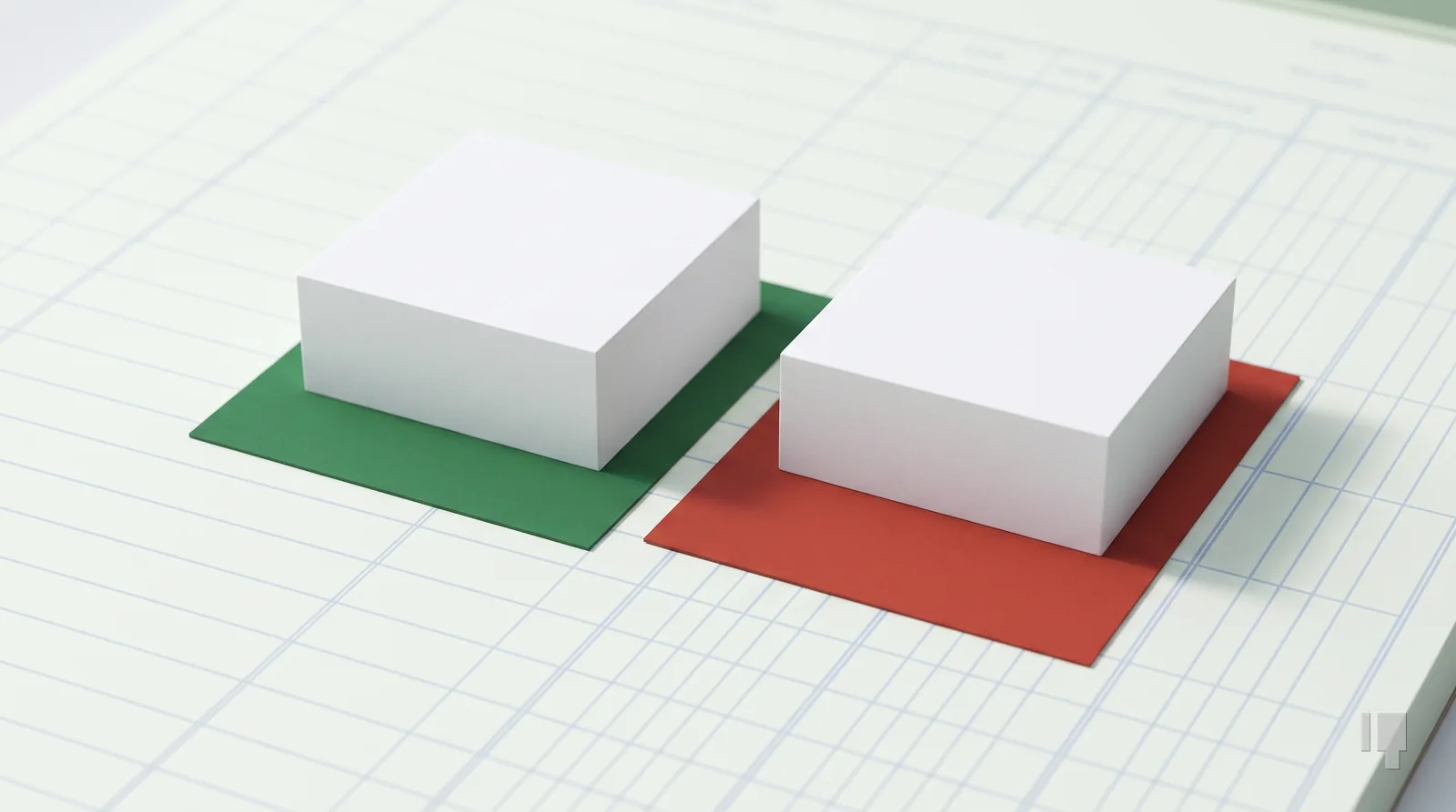 Two identical card blocks, one on a green band and one on a red band