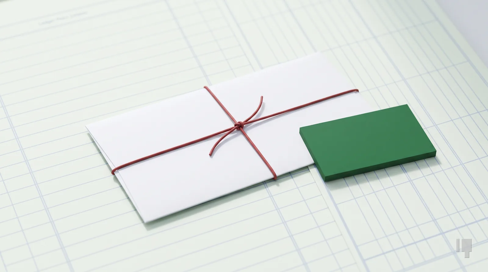 A white envelope tied with red string beside a green block