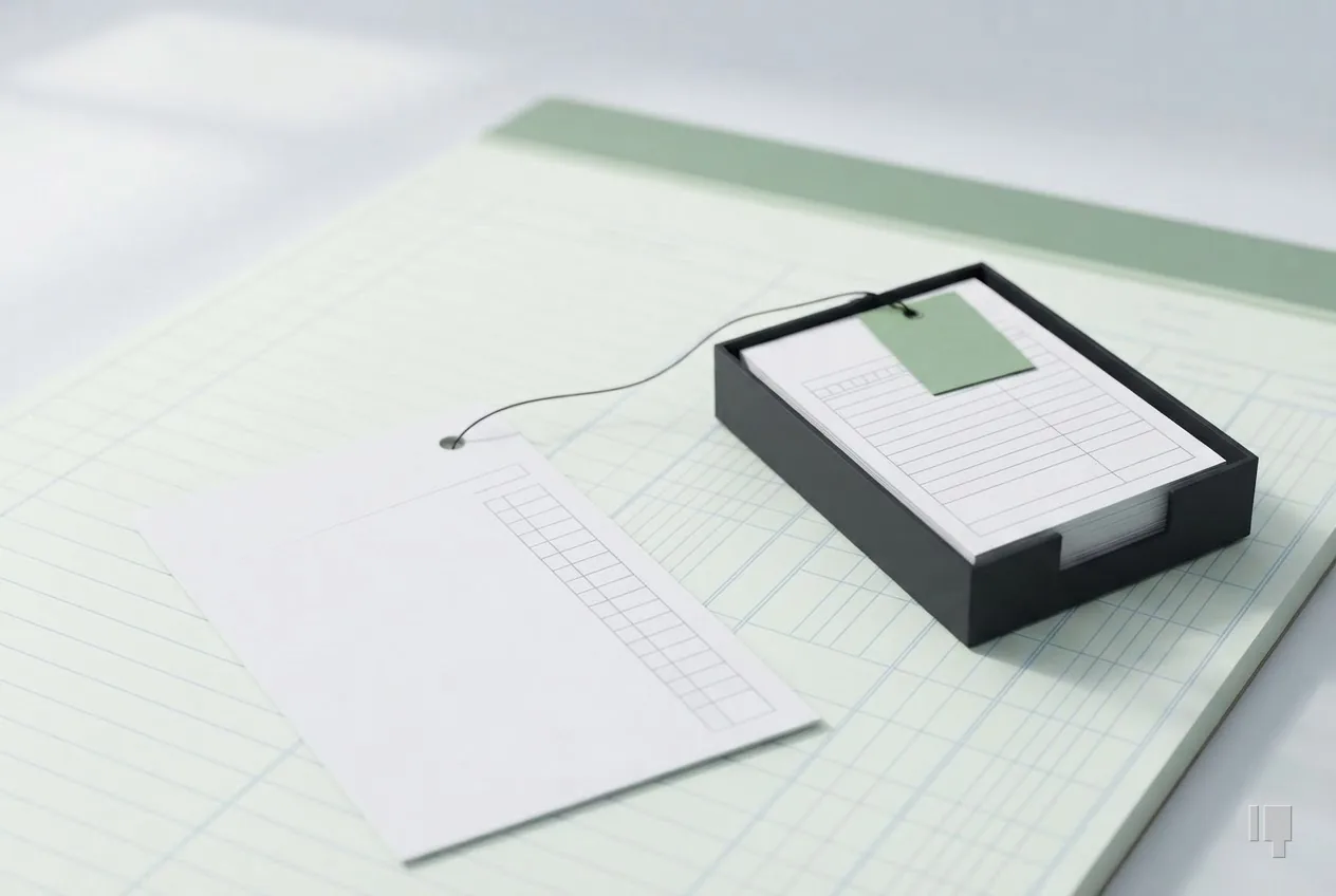 A blank notice sheet linked by a thread to a filed stack with a green square