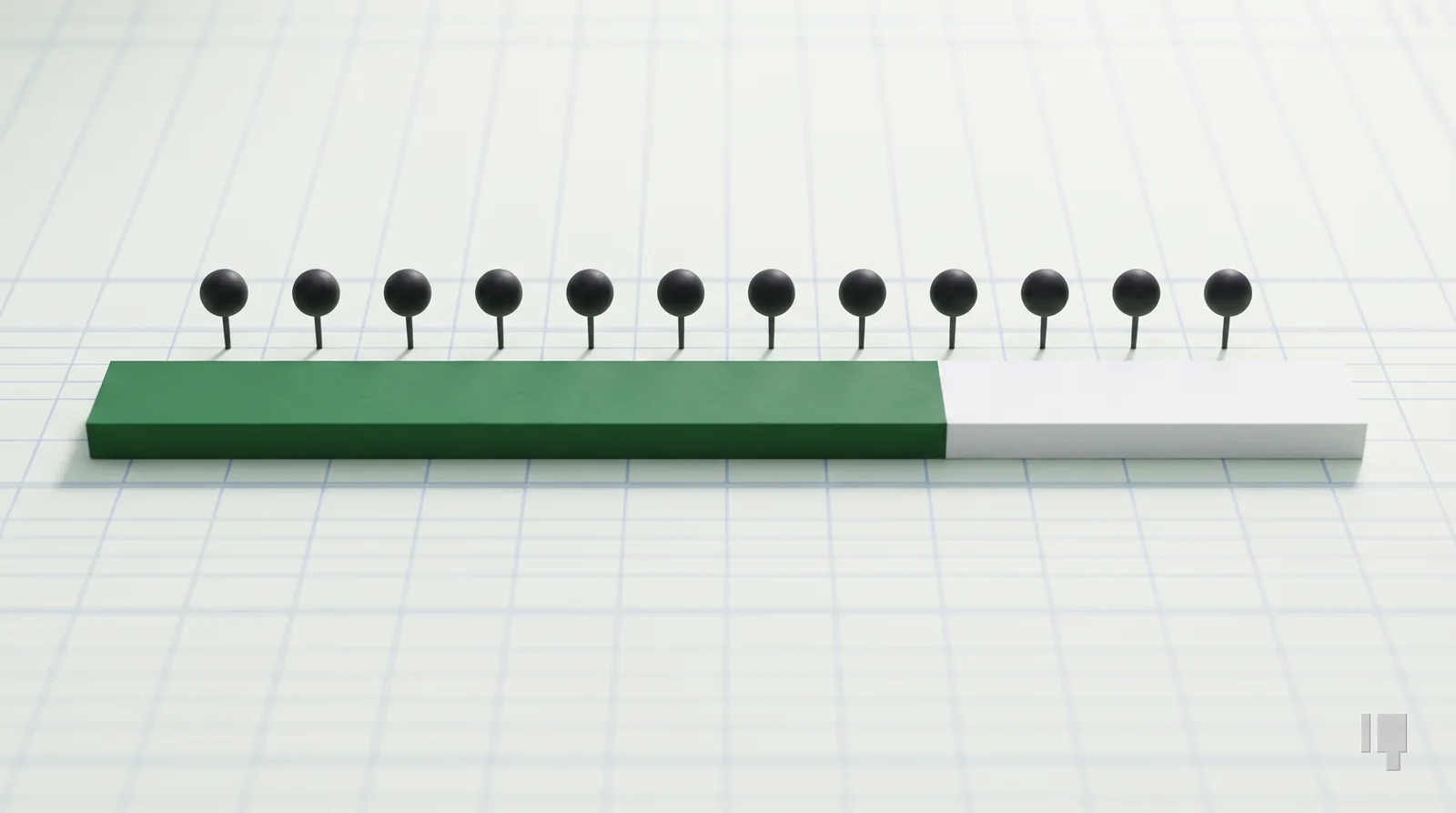 A card bar two-thirds green with twelve map pins spaced above it