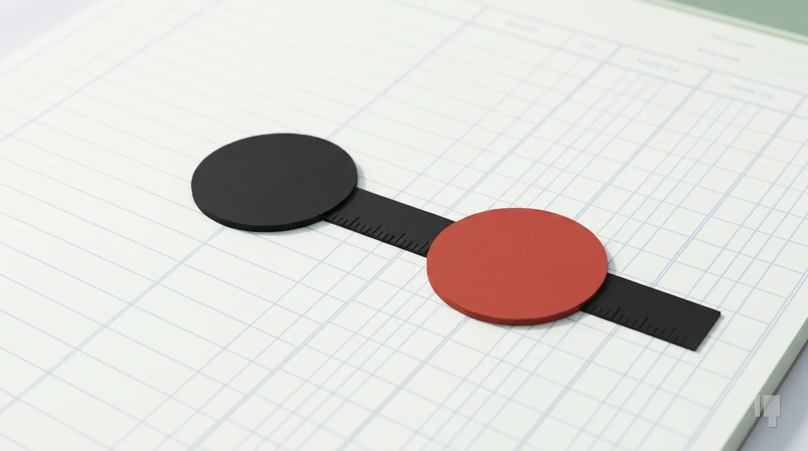 A black seal and a red seal joined by a notched ruler