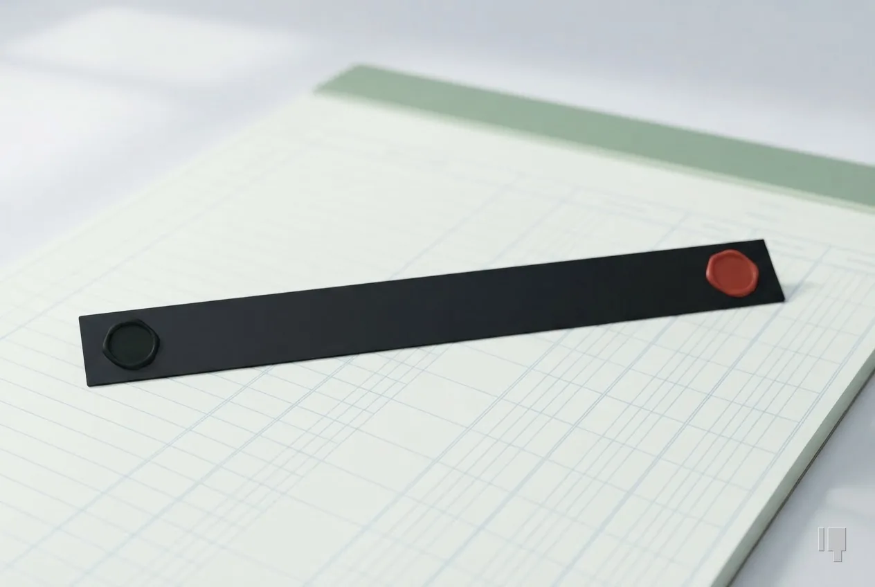 A ruler with a black seal at one end and a red seal near the other