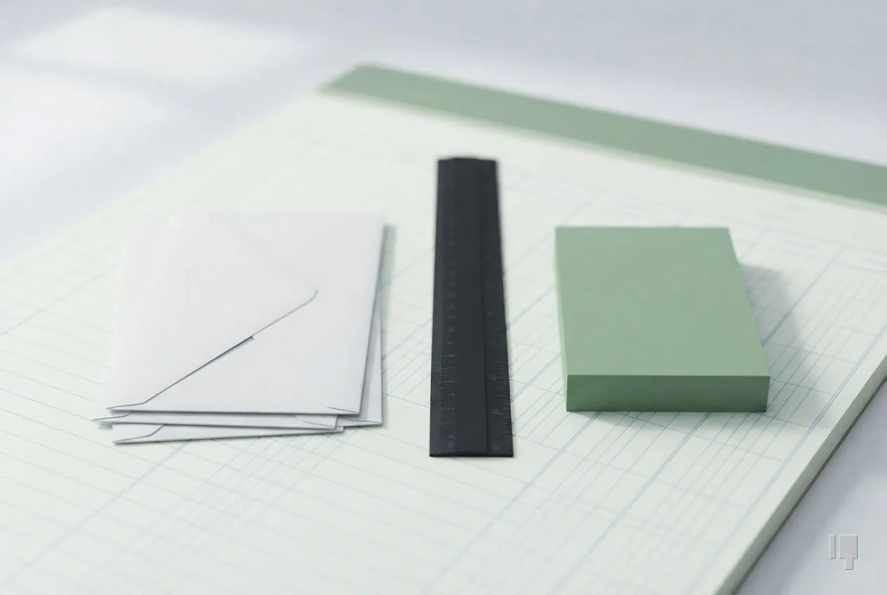 Three envelopes at the left against a green block at the right