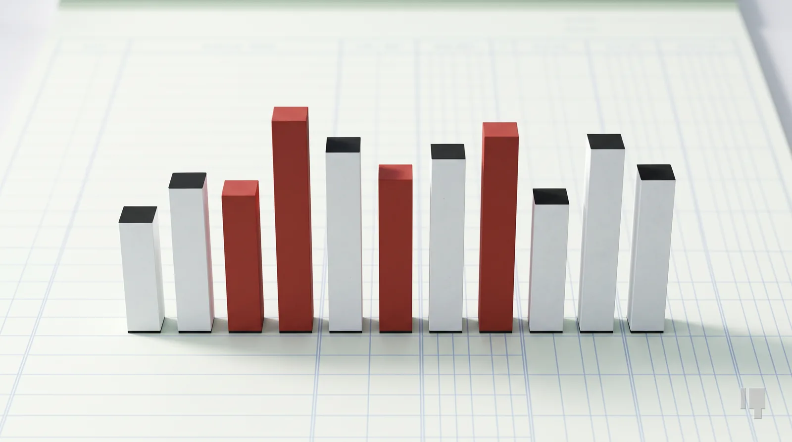 Ten card bars of varying height, three of them red
