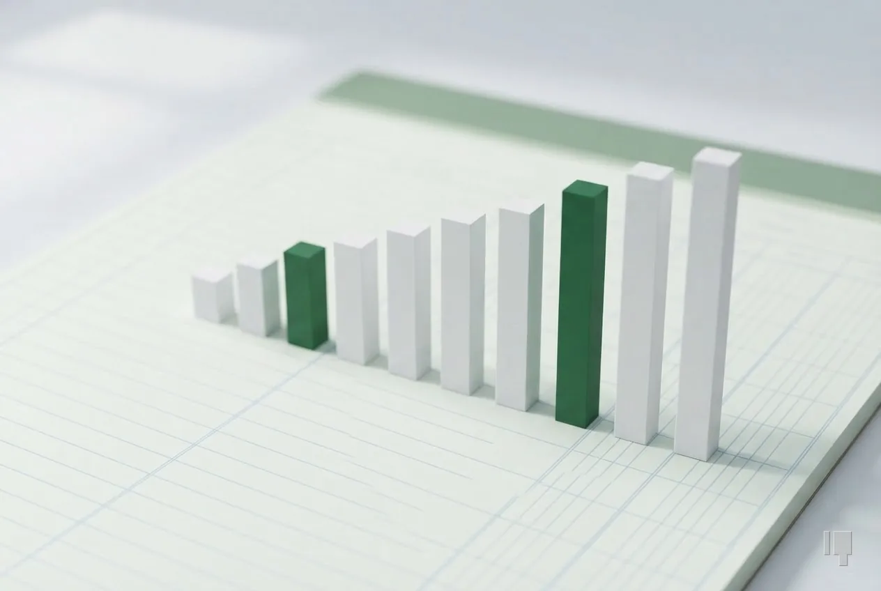 Ten card bars of varying height, three capped green