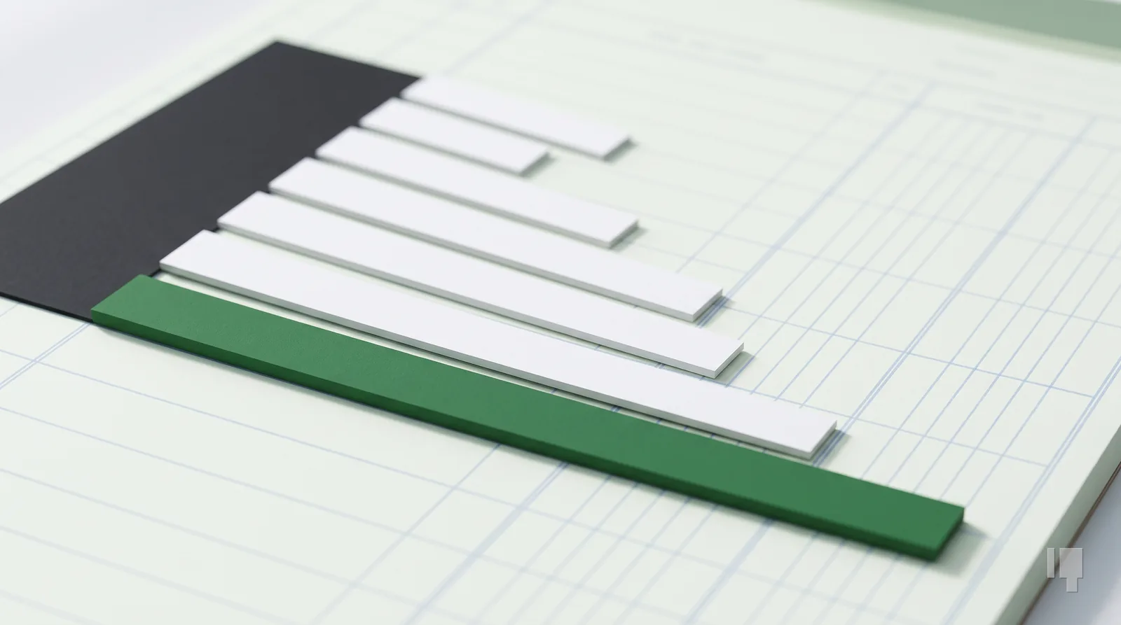 Seven card bars aligned to a ruler with a green total bar beneath