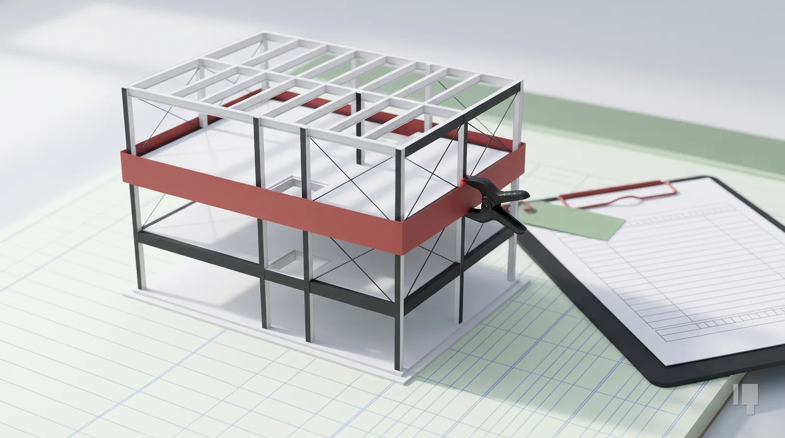 Card model of a building frame with a red band clamped around its middle floor