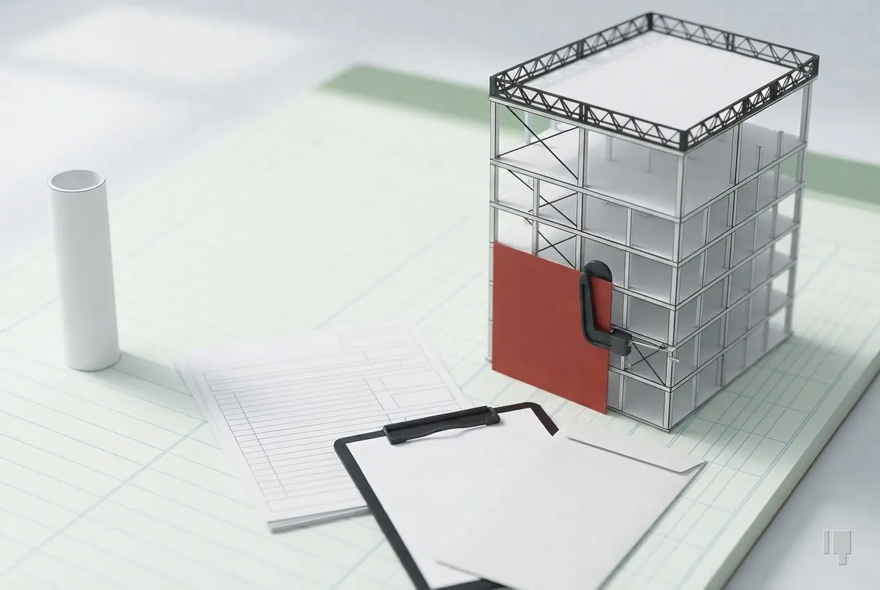 Card model of a building frame with a red square clamped to it, a lone cylinder apart