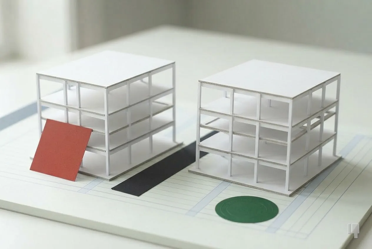 Two card building frames, one with a red square and one with a green seal