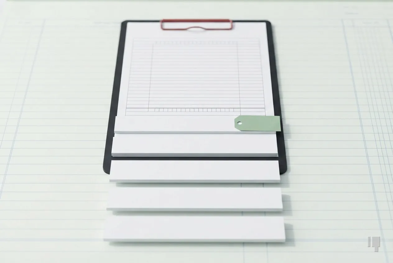 Five stacked card bars, the top one banded green, a blank pay application behind