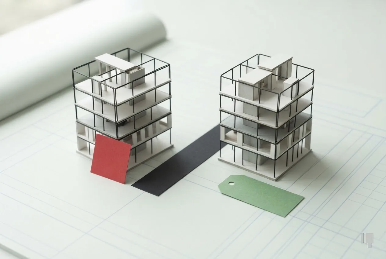 Two card building frames, one with a red square and one with a green tag