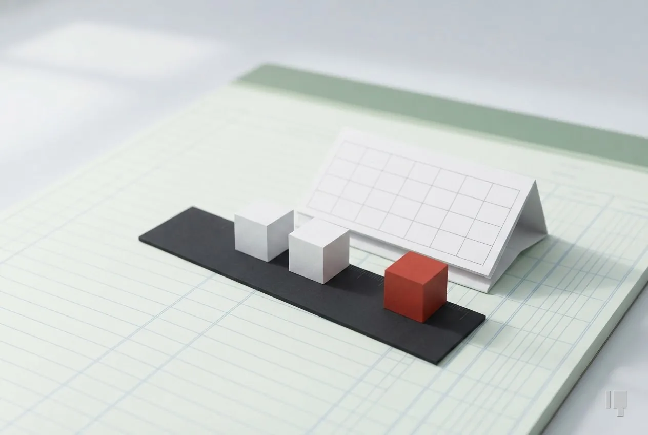 Three cubes on a ruler, the last one red, beside a blank calendar