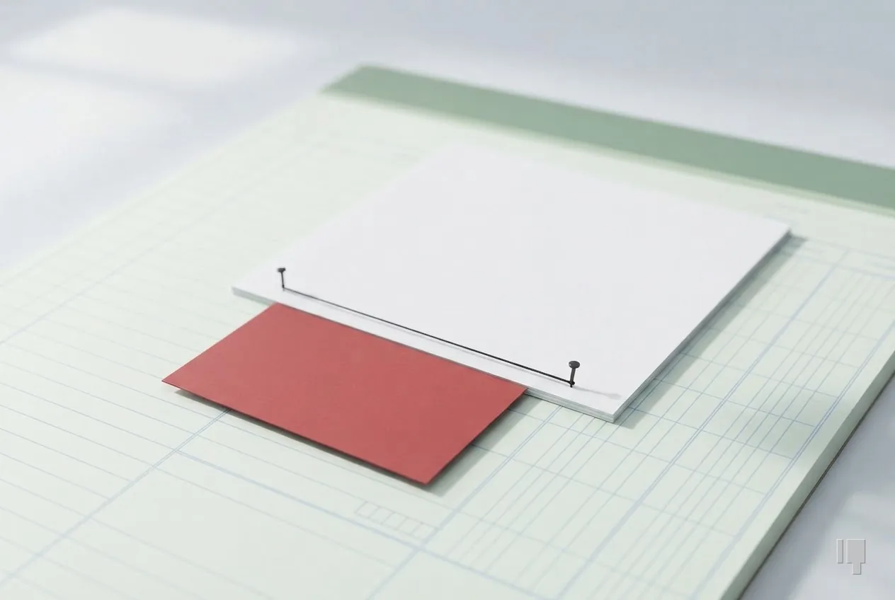 A blank letter above a small red card, joined by a thread