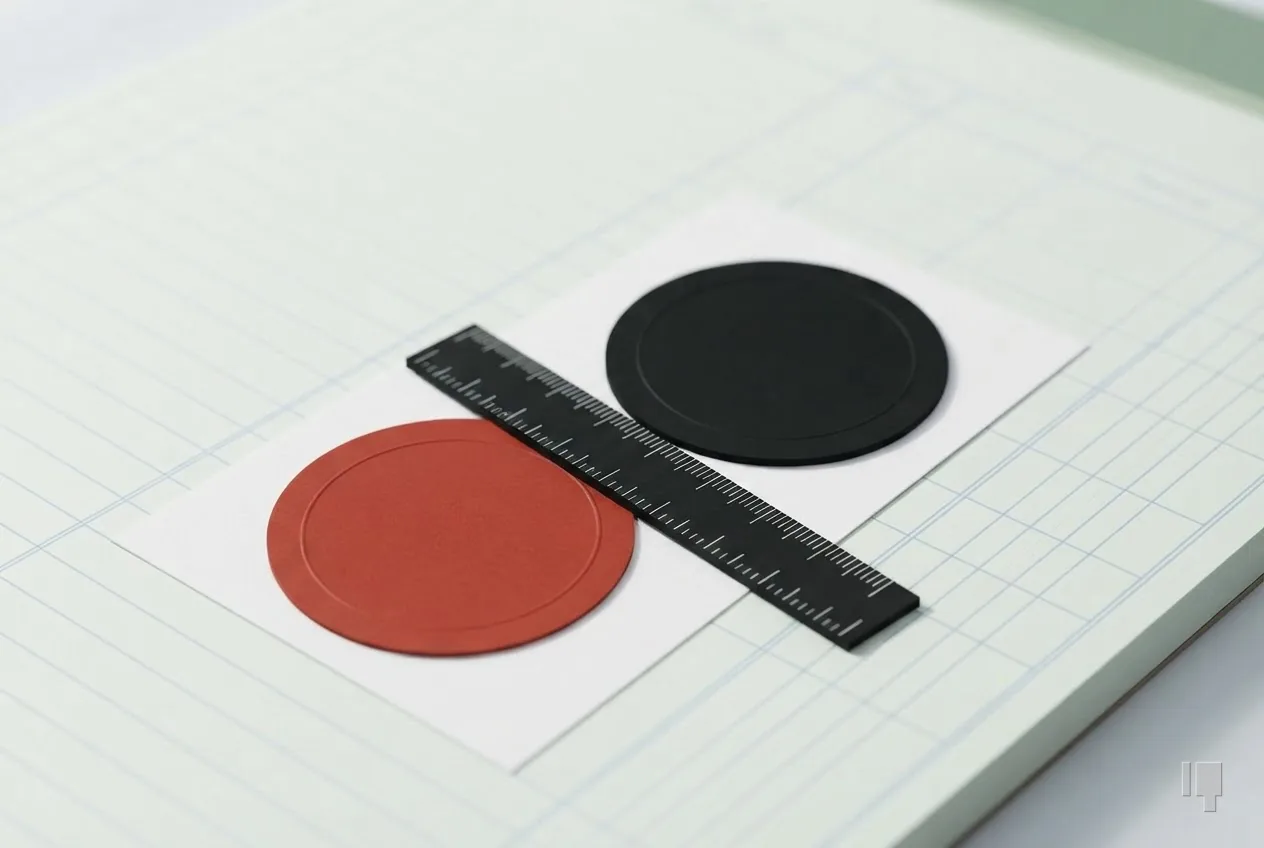 A black seal and a red seal joined by a notched ruler