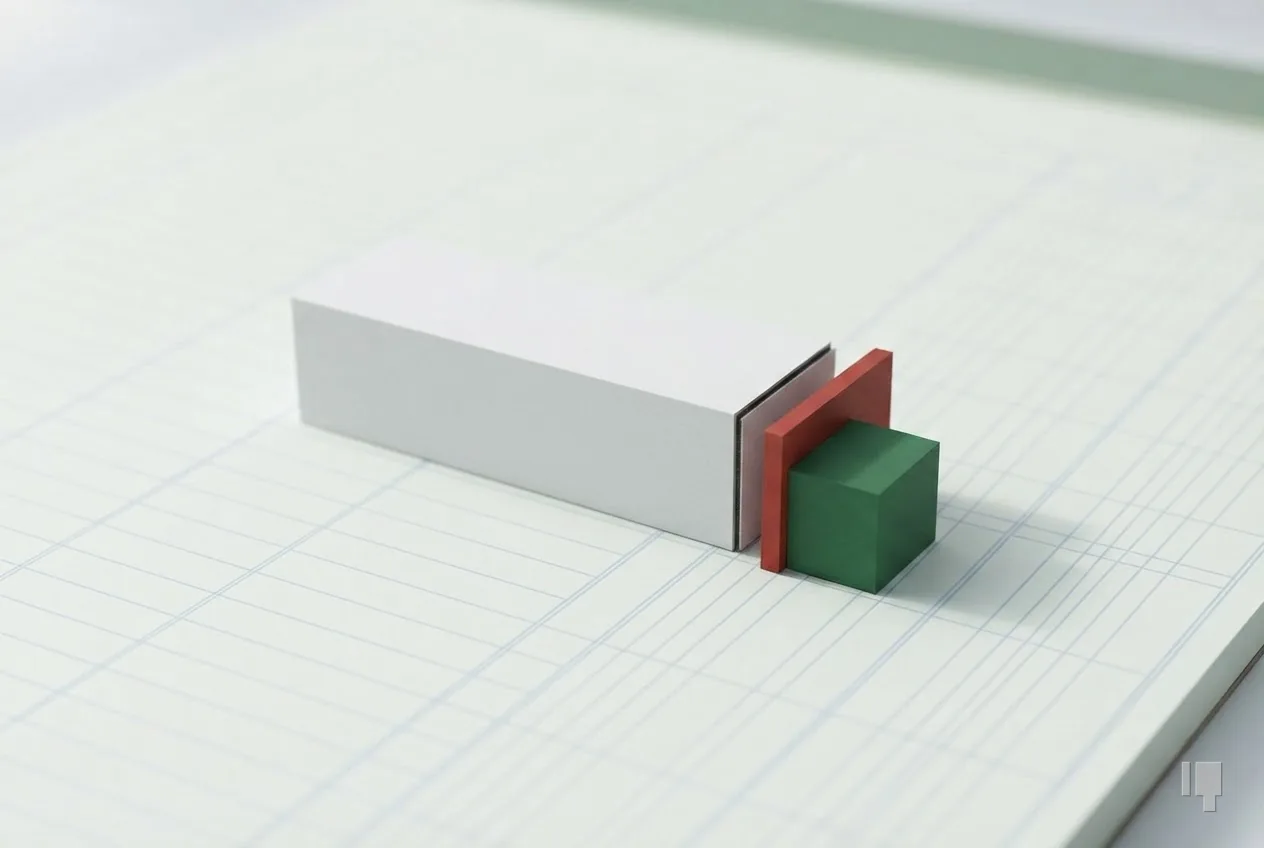 A card block with a red slice cut from its end and a green cube beneath