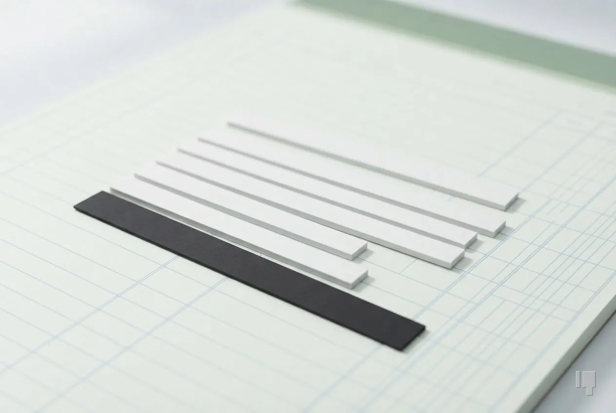 Six card bars of different lengths aligned to a ruler